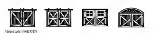 Barn doors flat vector icons set: rustic, vintage, sliding door illustrations