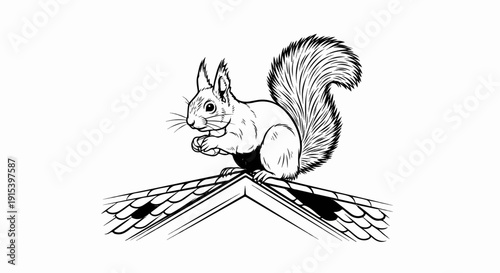 A drawn squirrel with a bushy tail holding a nut sits on a pitched roof
