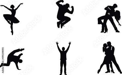 Collection of diverse dance silhouettes including ballet hip hop and ballroom isolated on white background for graphic design