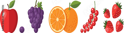 Fresh Fruit Set Apple Grape Orange Red Currant Strawberry Collection Healthy Organic Food Flat Vector Illustration