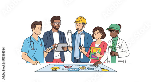 Diverse professionals collaborating on innovative project with gear designs