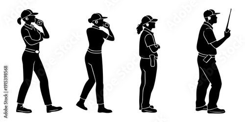 Four individuals demonstrating different styles of wearing protective helmets. Vector