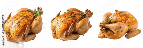 Canvastavla Set of Realistic Whole Roasted Chickens with Herbs and Spices Transparent Backgr