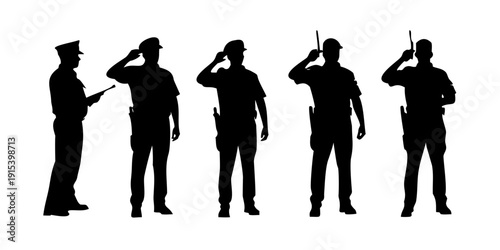 Five police officers in uniform saluting in a row against a white background Vector