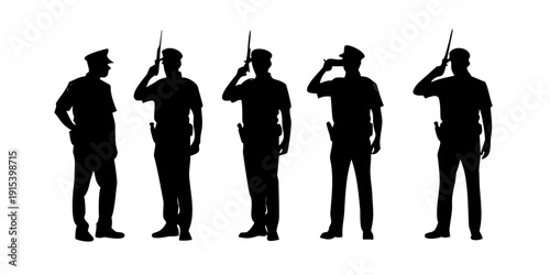 Five silhouettes of military personnel standing in a row with their hands on their foreheads Vector