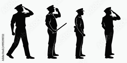 Four silhouettes of officers in different saluting poses Vector