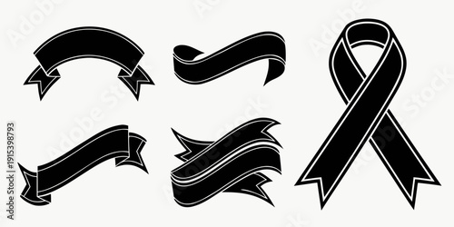 Black ribbons and bows symbolizing remembrance and support for various causes. Vector