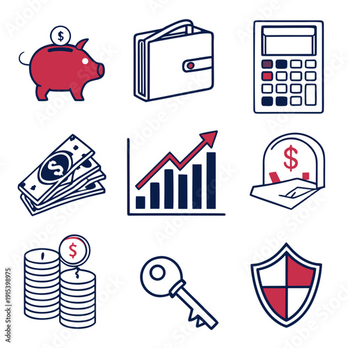 A collection of icons representing various financial and insurance concepts and services. Vector