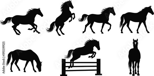 Collection of horse silhouettes in various poses including jumping and rearing perfect for equestrian themes and graphic design elements