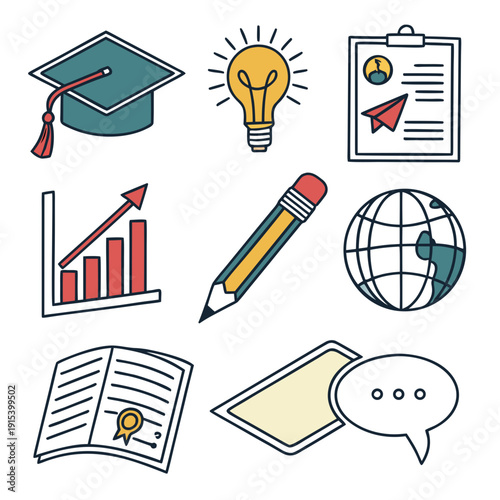 Educational icons representing learning, knowledge, and academic concepts. Vector