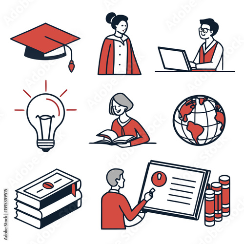 Illustrations of various professions and activities related to education and work. Vector