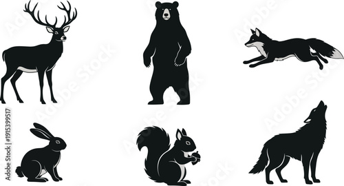 Collection of black silhouette forest animals including deer bear fox rabbit squirrel and wolf isolated on white background for graphic design