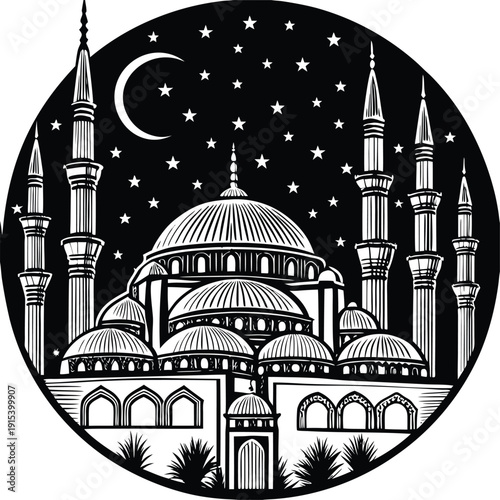 Vector illustration of a mosque in Istanbul Turkey with domes and minarets