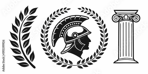 Ancient greek helmet surrounded by laurel wreaths and columns Vector