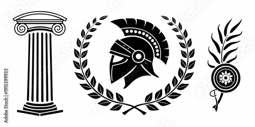 Ancient greek symbols including a helmet, a column, and a laurel wreath. Vector