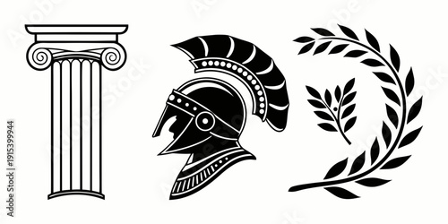 Ancient greek symbols including a column, helmet, and laurel wreath Vector