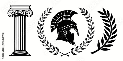 Ancient greek helmet and laurel wreath with roman columns in black and white Vector