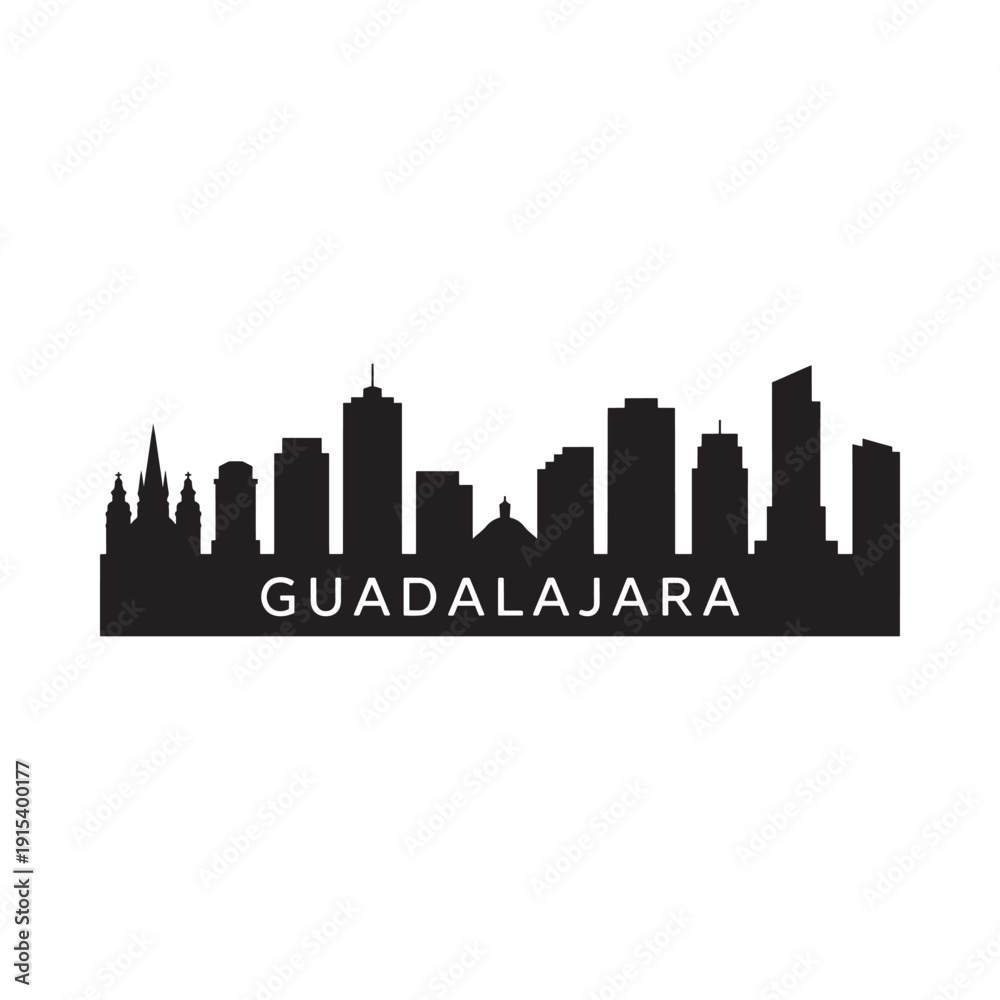 Fototapeta premium Guadalajara skyline silhouette against a stark white background featuring city name