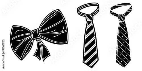A black bow tie and two striped neck ties hanging side by side Vector