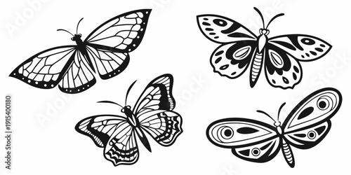 Four distinct butterflies showcasing their unique patterns and symmetrical wings. Vector