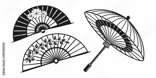 A collection of traditional chinese fans with intricate designs and patterns. Vector