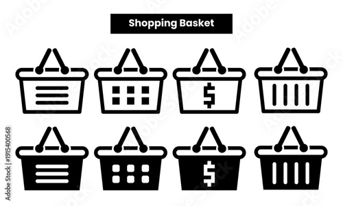 Black White Retail and E-commerce Shopping Basket Vector Icons
