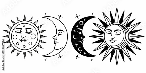 A detailed illustration of the sun and moon phases in a circular arrangement Vector