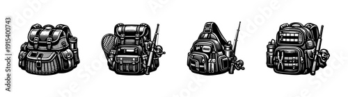 Fishing gear flat vector icons set: backpack, rod, and tackle designs