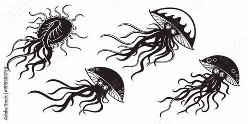 A diverse group of jellyfish swimming in the deep blue ocean Vector