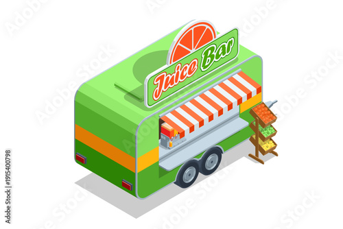 Isometric juice bar trailer with citrus sign and fresh fruit display. Mobile beverage kiosk concept for healthy street food and vitamin drink business. Juice Bar Trailer