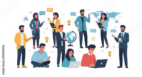 Diverse team collaborating globally with laptops and ideas