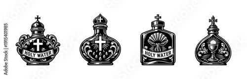 Holy water bottle vector icons set. religious and spiritual symbols. flat ornament collection