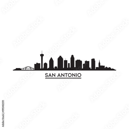 A black silhouette of the san antonio skyline with the city s name