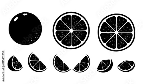 Citrus fruit slice icons black silhouette vector set