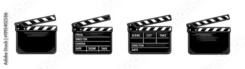 Clapperboard flat vector icons set - movie slate, film board, cinema tools