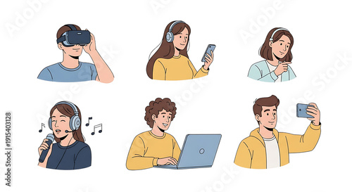 people using technology and gadgets in various activities