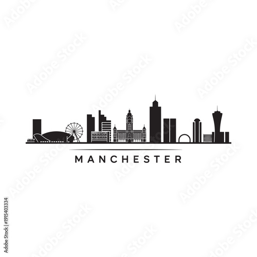 A striking black silhouette of the manchester skyline with city name below