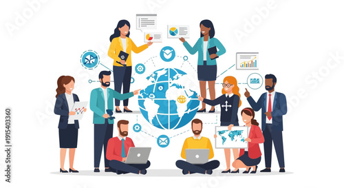 Global business team collaborating on international project