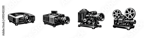Vintage cameras flat vector icons set: classic retro projector illustrations collection