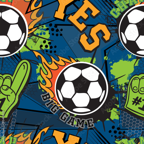 Abstract seamless pattern for boys. Football pattern. Grunge urban pattern with football ball. Repeated sport pattern for textile, clothes, wrapping paper and more
