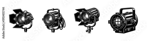 Stage lighting flat vector icons set. spotlight and lamp illustrations for theater and events