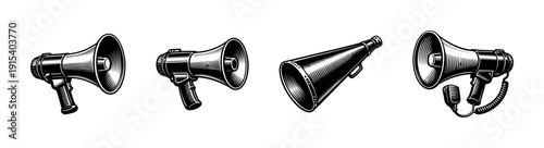 Flat vector icons set for megaphones and loudspeakers. amplify your message with bullhorns