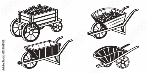 A collection of various types of wheelbarrows used for gardening and construction. Vector
