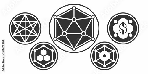 A collection of intricate geometric designs featuring pentagrams and other symbols. Vector