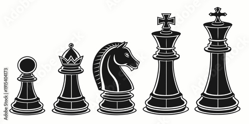 Chess pieces arranged in a row with a black king and queen on the right side Vector
