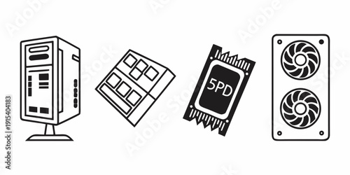 Illustrations of various computer components and hardware devices. Vector