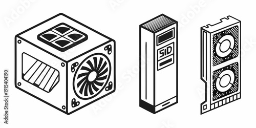 Three different types of computer hardware components illustrated in black and white Vector