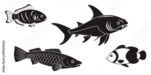 A diverse collection of fish and aquatic creatures in black and white silhouettes Vector