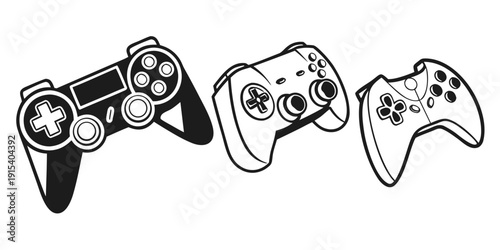 Three different video game controllers displayed in a row. Vector