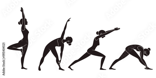 Diverse individuals performing yoga poses in a row Vector